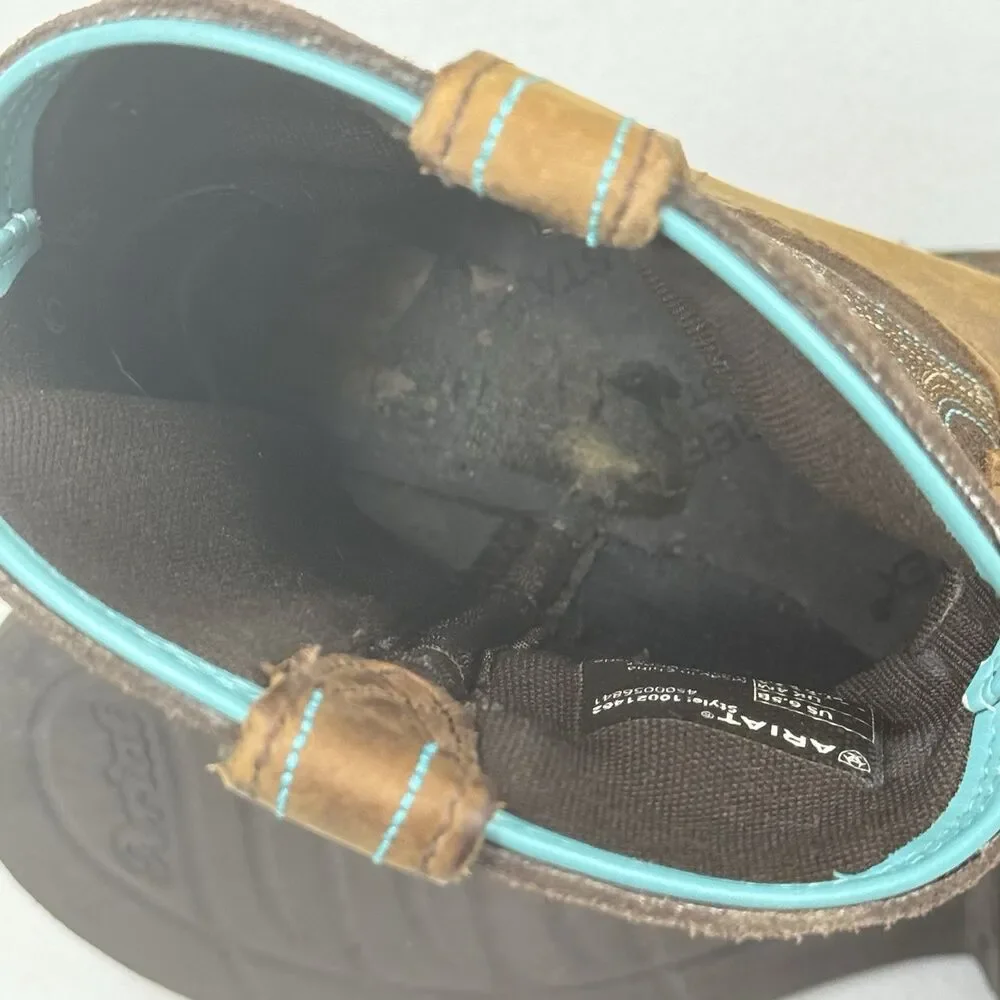 Ariat Women's Fatbaby Western Boots Short Brown Teal Embroidery Size 6.5